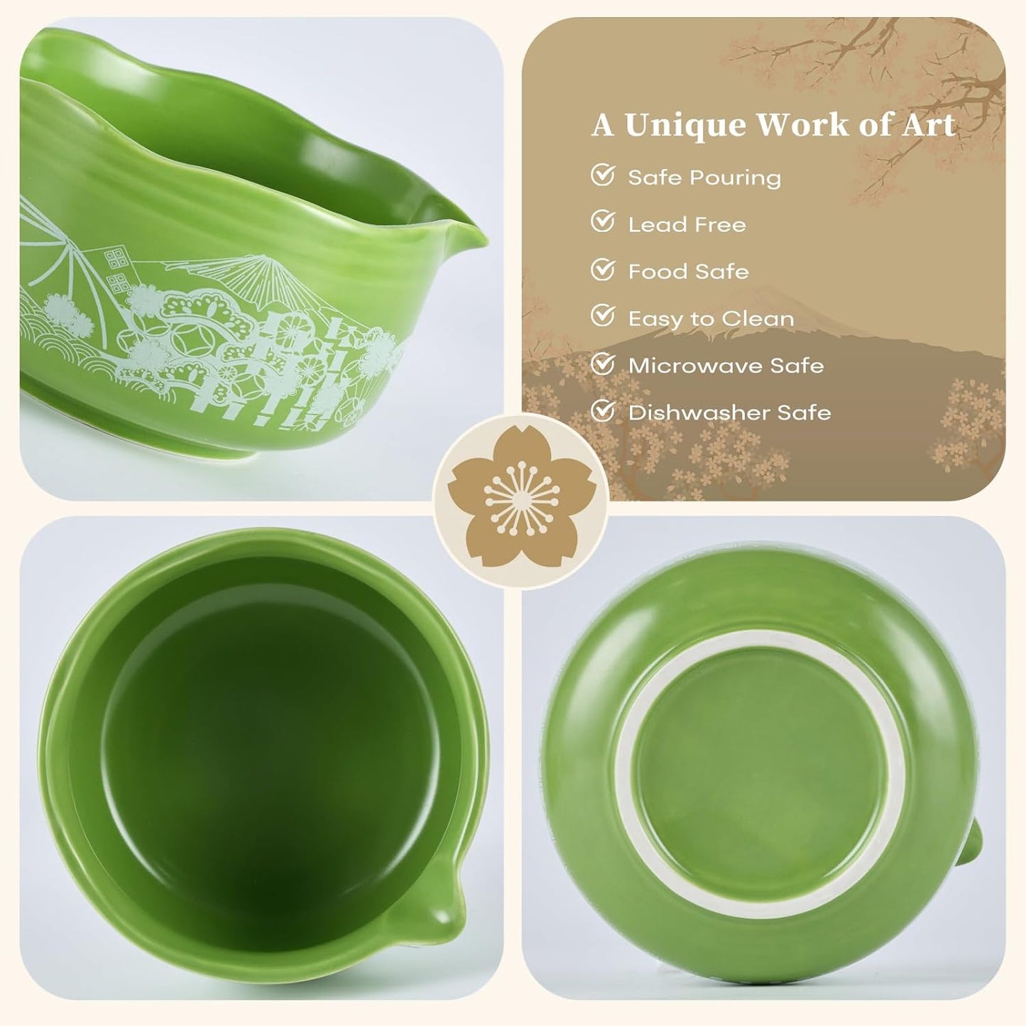 Matcha Whisk Set, 5 Pcs Traditional Japanese Matcha Whisk Preparation Kit, White Glossy Ceramic Bowl with Black Cat and Strawberry Pattern