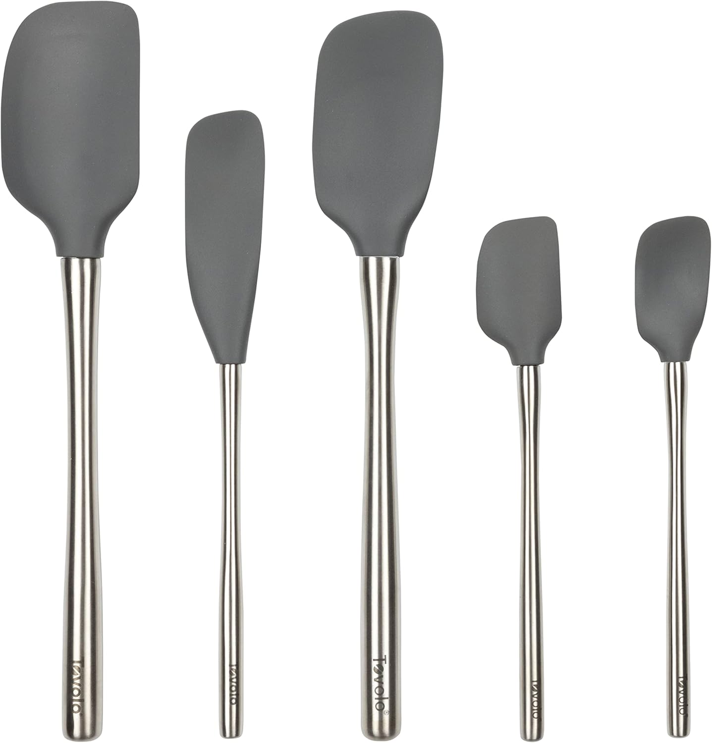 Tovolo Stainless Steel Handled Silicone Spatula Set of 5 White, Dishwasher Safe Kitchen Spatula Set for Cooking Baking, Non Toxic BPA Free Silicone Spatula set with Metal Steel Handle