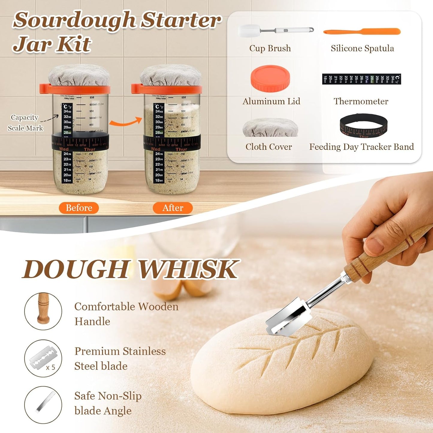 Banneton Bread Proofing Basket Set of 2, 9 Inch Round Sourdough Proofing Basket, Sourdough Starter Kit, Sourdough Bread Baking Supplies with Dough Scraper, Danish Dough Whisk, Bread Lame, Bowl Scraper