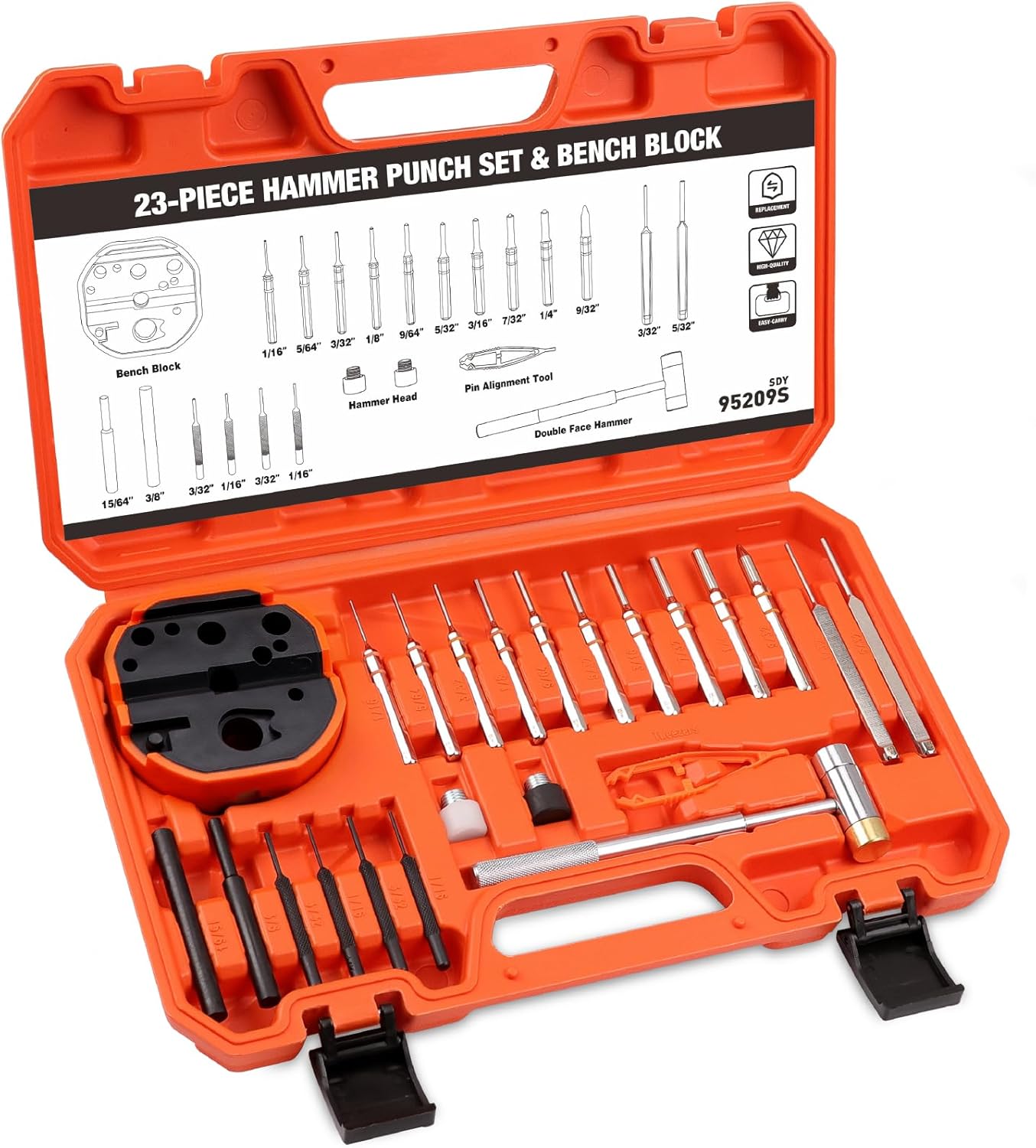 HORUSDY 23-Piece Punch Set Roll Pin Punch Set and Hammer with Bench Block, Punch Tool Ideal for Maintenance