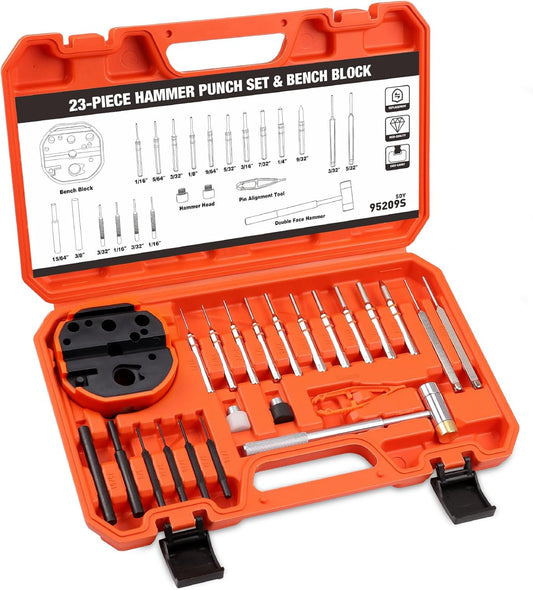 HORUSDY 23-Piece Punch Set Roll Pin Punch Set and Hammer with Bench Block, Punch Tool Ideal for Maintenance