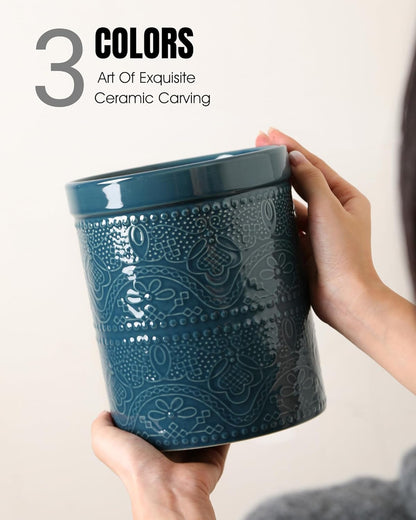 FUN ELEMENTS Kitchen Utensil Holder, 7.2" Super Large Utensil Crock Heavy and Stable Lace Emboss Ceramic Utensil Holder for Kitchen Counter (Bright White)