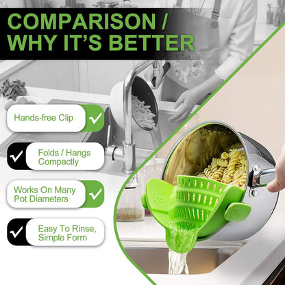Pasta Strainer Clip-on Silicone Colander for Pot, Pan & Bowl, Heat-Resistant BPA Free Food Drainer with Stainless Steel Clips for Noodle, Meat, Fruit & Vegetable, Space Saving Kitchen Gadget