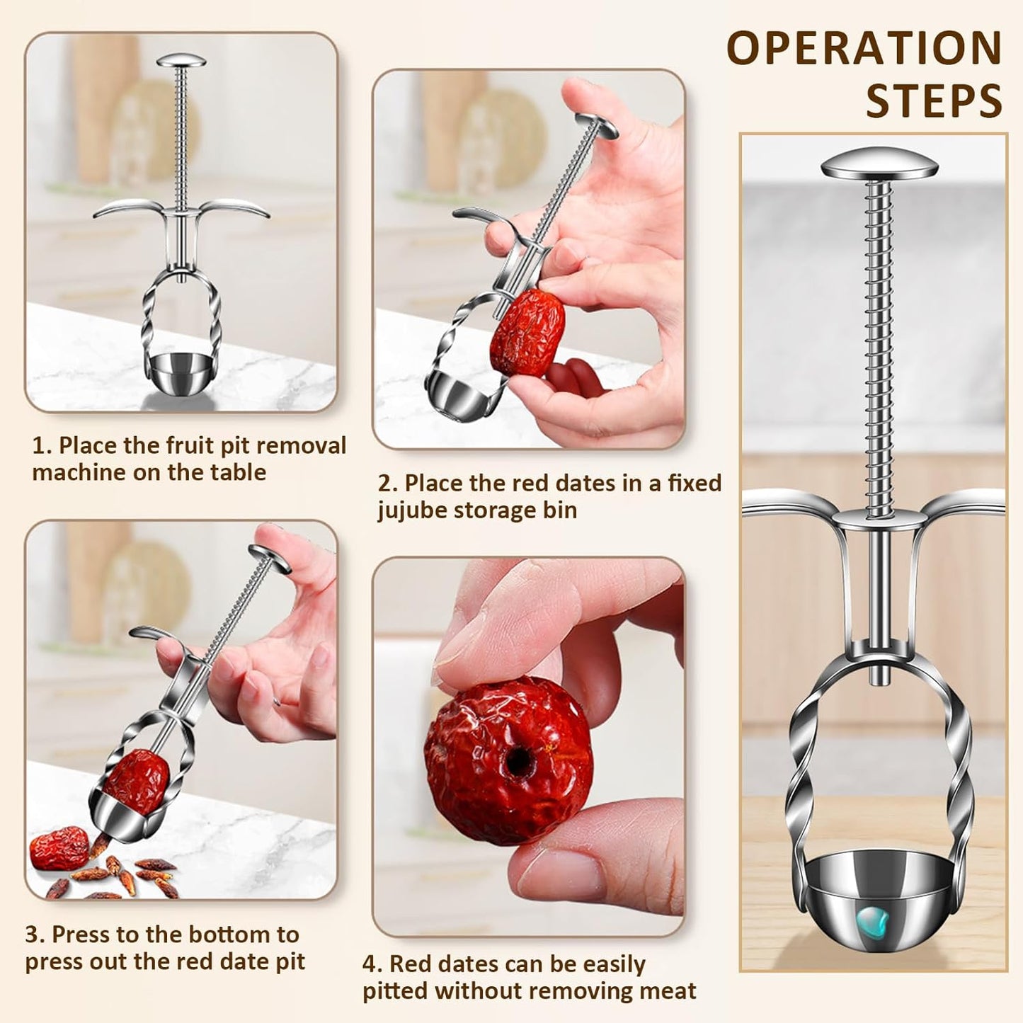 VolksRose Cherry Pitter Tool, Multi Stoner Fruit Remover with Stainless Steel Rod, Dates Pitting Device for Red Dates, Hawthorn, Cherries, Jujubes