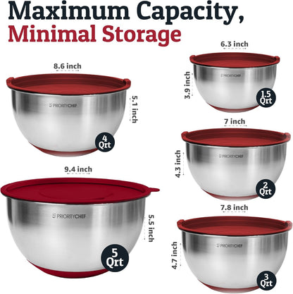 Priority Chef Stainless Steel Mixing Bowls with Lids Set, 3 Grater Attachments, Airtight Lids, Non-Slip Silicone Base Mixing Bowl Set, Large Prep Metal Mixing Bowls for Kitchen, Black