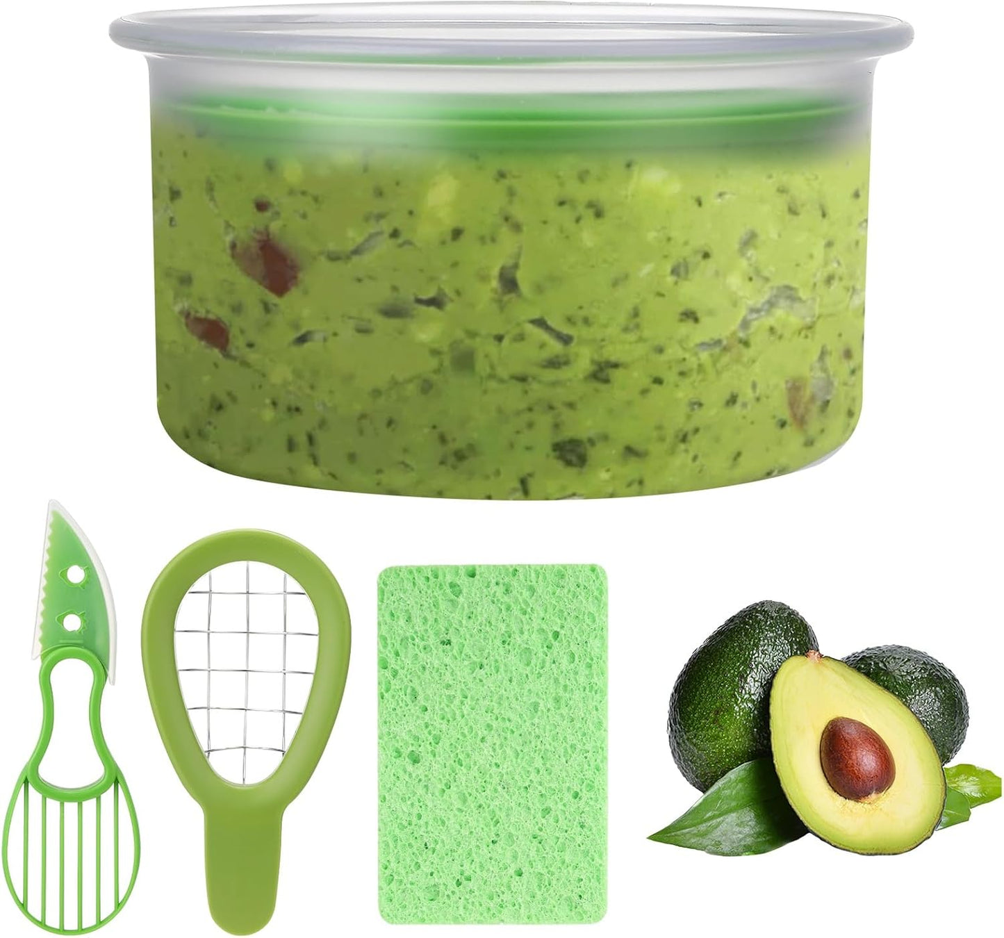 4 PCS Guacamole Keeper Set Guacamole Bowls Avocado Keeper Fresh Guacamole with 2-in-1 Avocado Slicer Avocado Knife and Cleaning Sponge Plastic Kitchen Storage Container(Green 1pcs)