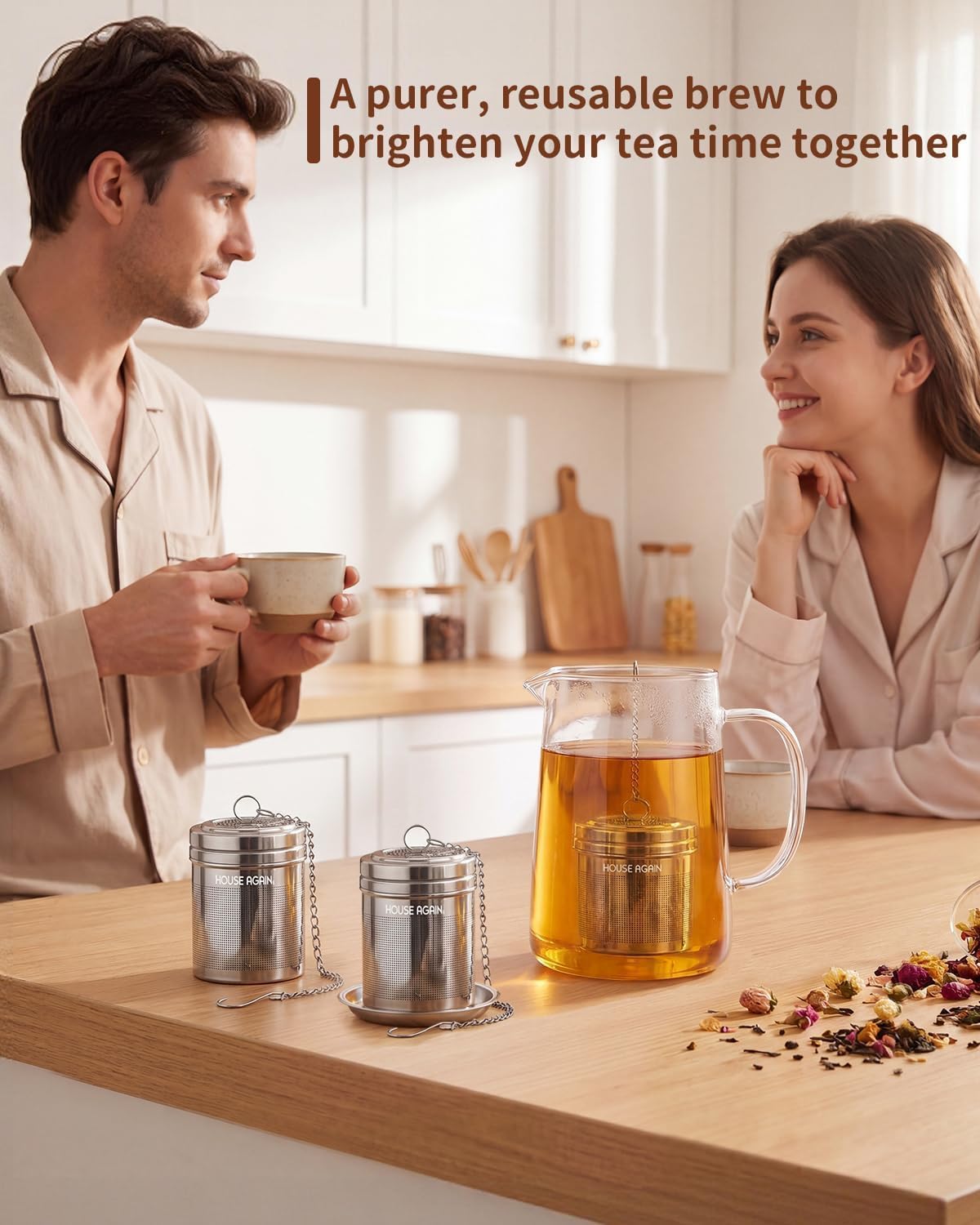 House Again Large Tea Infuser, Extra Fine Mesh Tea Strainers for Loose Tea, 18/8 Stainless Steel Tea Strainer with Extended Chain Hook, Tea Steeper for Brew Tea, Spices & Seasonings, for Multi Cups