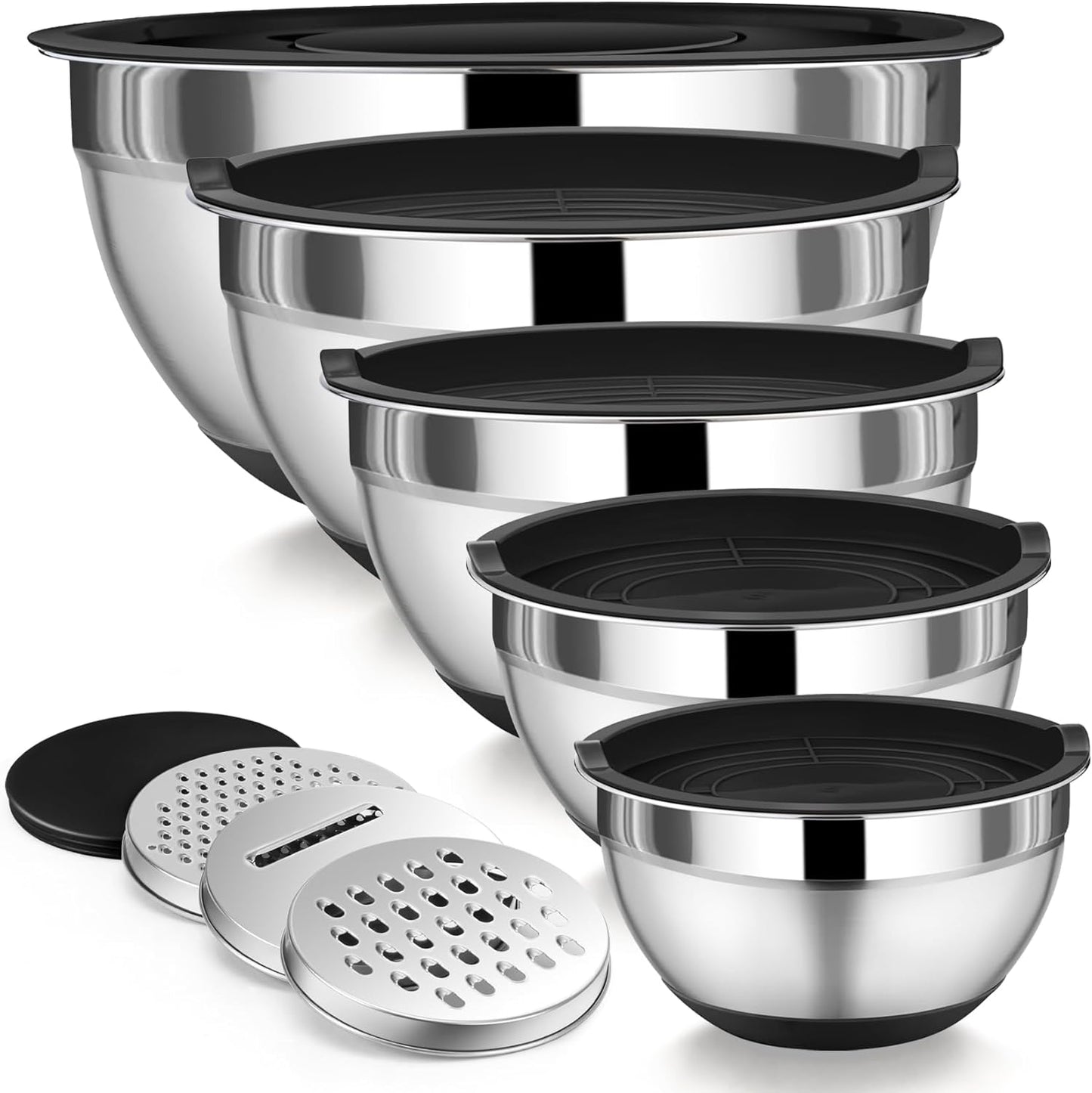 P&P CHEF Mixing Bowl with Lid Set, 5 Piece Stainless Steel Mixing Nesting Bowls for Salad Storage, 3 Grater Attachments & Non-Slip Bottoms, Size 1/1.5/2 / 2.6/4.6 QT, Multicolor