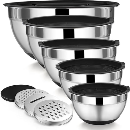 P&P CHEF Mixing Bowl with Lid Set, 5 Piece Stainless Steel Mixing Nesting Bowls for Salad Storage, 3 Grater Attachments & Non-Slip Bottoms, Size 1/1.5/2 / 2.6/4.6 QT, Multicolor