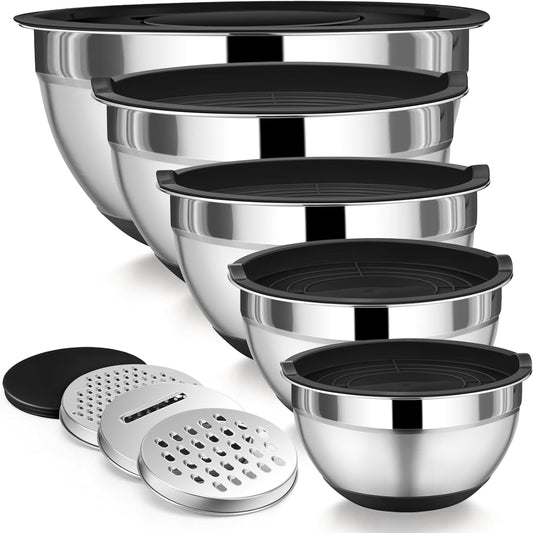 P&P CHEF Mixing Bowl with Lid Set, 5 Piece Stainless Steel Mixing Nesting Bowls for Salad Storage, 3 Grater Attachments & Non-Slip Bottoms, Size 1/1.5/2 / 2.6/4.6 QT, Multicolor
