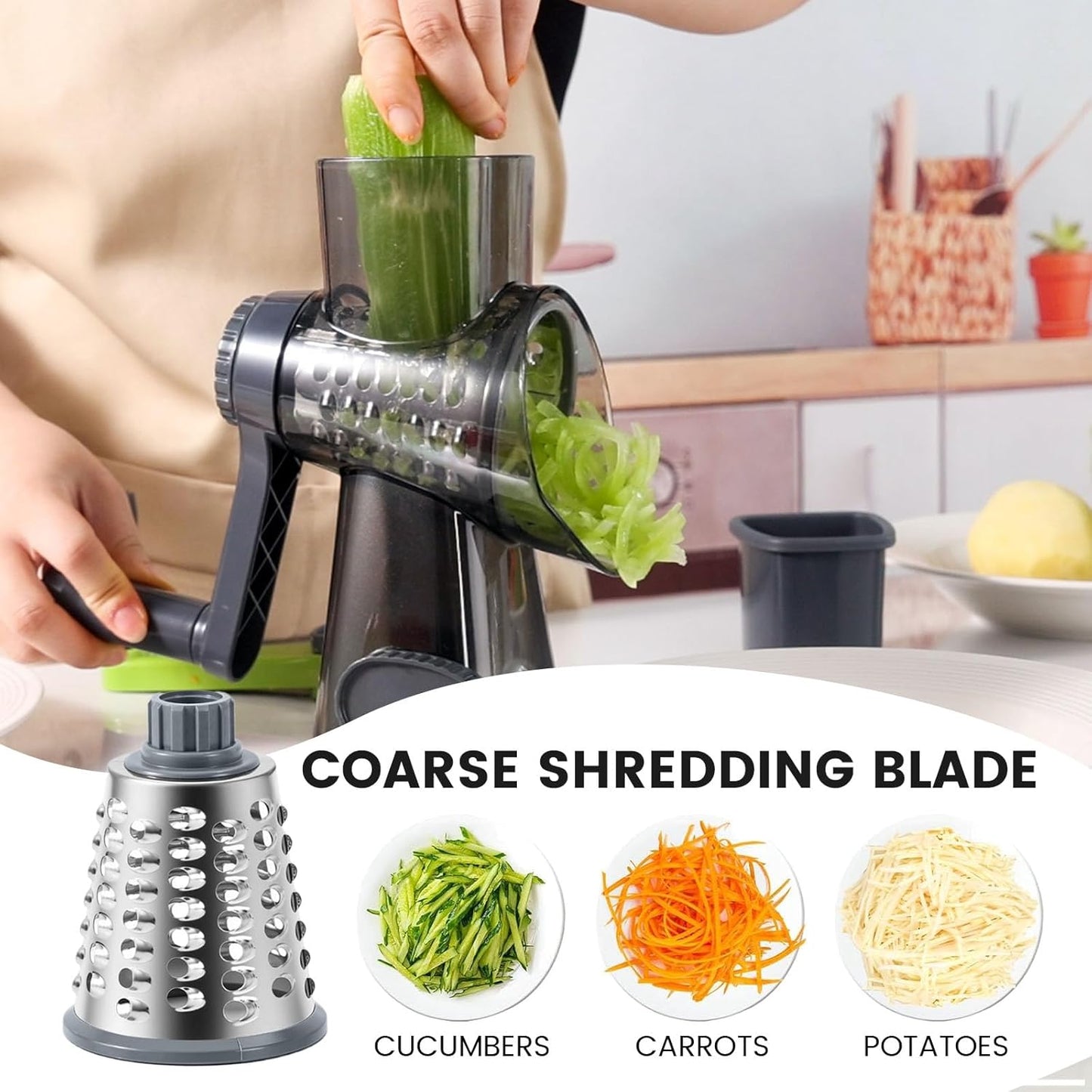 HANSGO Rotary Cheese Grater Hand Crank, Shredder Slicer Grinder, 3 Large Diameter Metal Blades & Cleaning Brush, Non-slip Suction Base, Labor-Saving Handle, Kitchen Gadgets for Cheese, Vegetable, Nuts