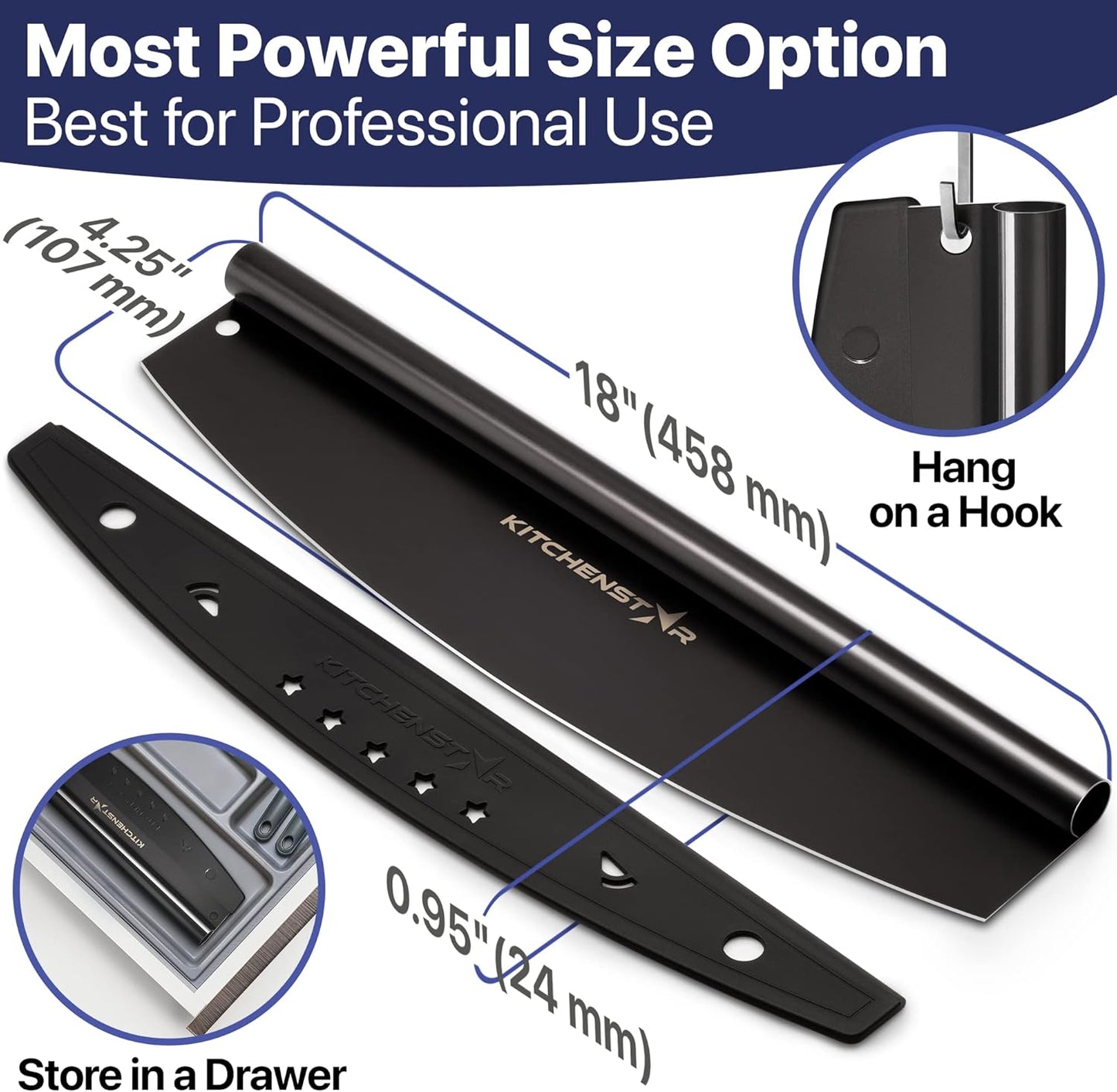 KitchenStar 14-Inch Pizza Cutter Rocker Blade - Sharp Stainless Steel Slicer Knife, Protective Cover, Dishwasher Safe, Large - Professional Pizza Oven Accessories