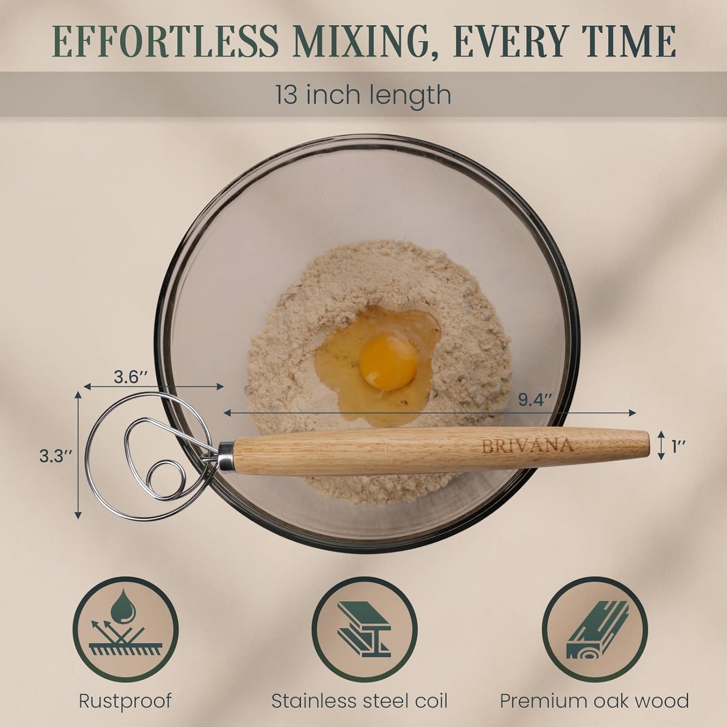 Danish Dough Whisk, Sourdough Bread Whisk with Wooden Handle, 13-Inch Stainless Steel Single Loop Dough Mixer for Bread Making, Pizza Dough, Batter and Pastry