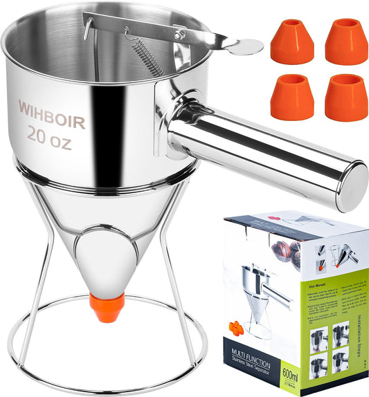 Stainless Steel Pancake Batter Dispenser with Squeeze Handle and Multi-Nozzle, for Pancakes, Cupcakes, and Baked Goods. 40 oz