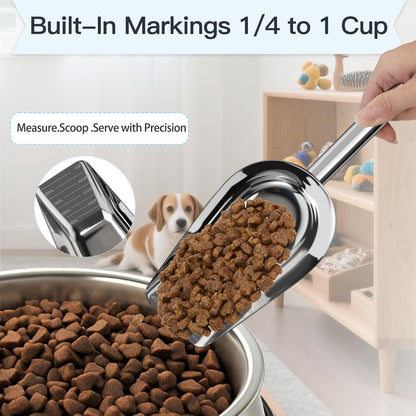 Dog-Cat Food Scoop 3/4 Cup, SSyang Thickened 304 Stainless Steel Pet Food Scoop with Long Handle, Precision Scale, Easy to Clean, Suitable for Wet and Dry Food