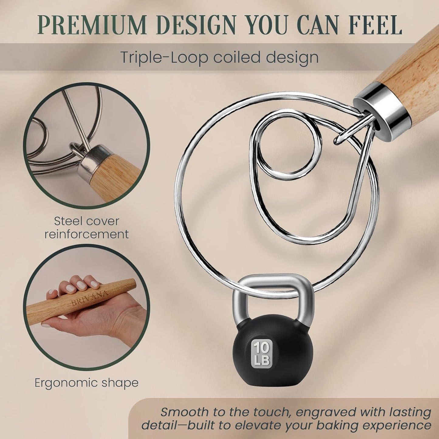 Danish Dough Whisk, Sourdough Bread Whisk with Wooden Handle, 13-Inch Stainless Steel Single Loop Dough Mixer for Bread Making, Pizza Dough, Batter and Pastry