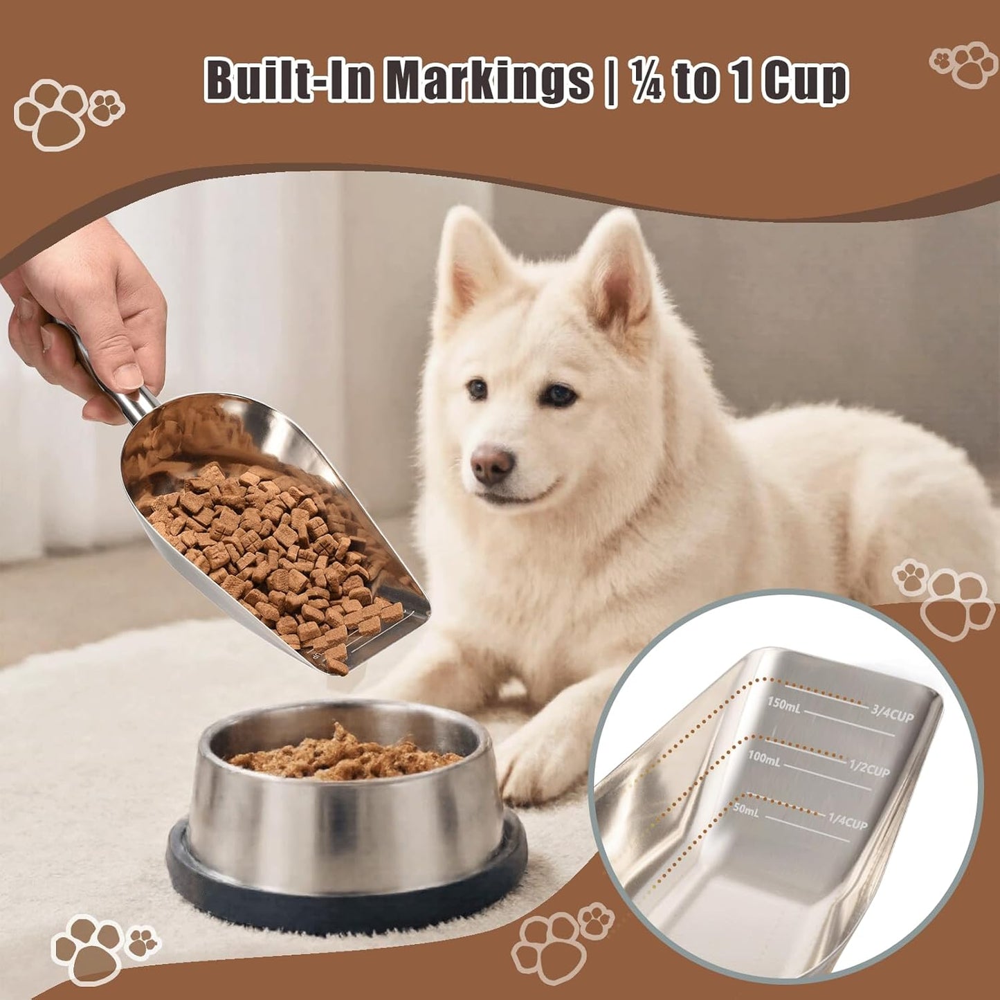 Pet cat-dog food-scoop measuring 1-cup - Food-grade 304 stainless steel material | 1-Cup capacity | Precision scale measurements