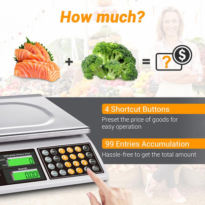 Commercial Food Scale 66lb/30kg, High Precision Digital Price Computing Scale for Farmers Marke, Deli, Dual Backlit LCD Display, Stainless Steel Platform, Rechargeable Battery for Produce Meat