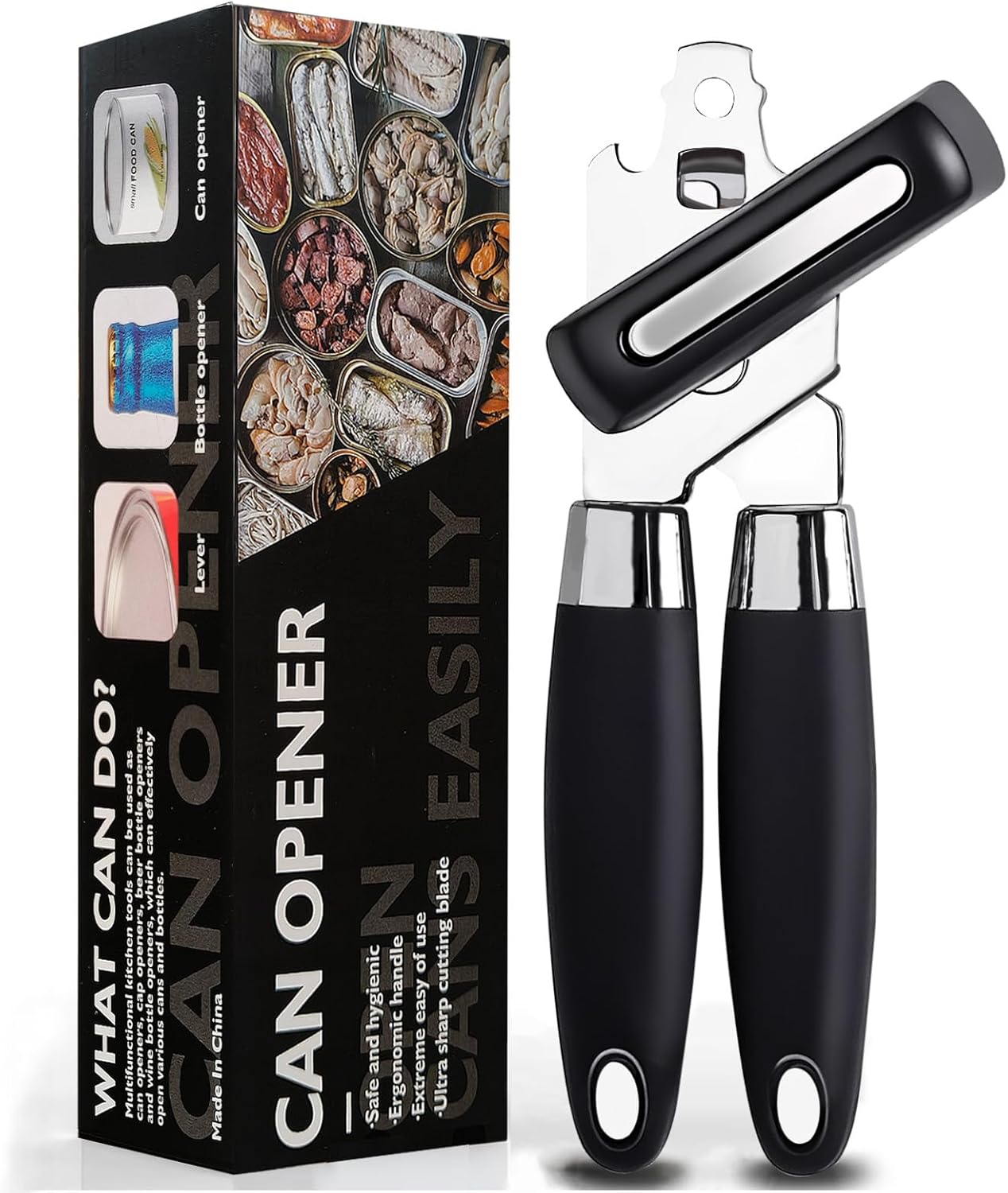 Multifunctional Stainless Steel Manual Can Opener and Bottle Opener, Heavy Duty Hand Held Can Opener with Easy Turn Knob, Sharp Blade Smooth Edge, Good Grips Kitchen Tool for Seniors, Black