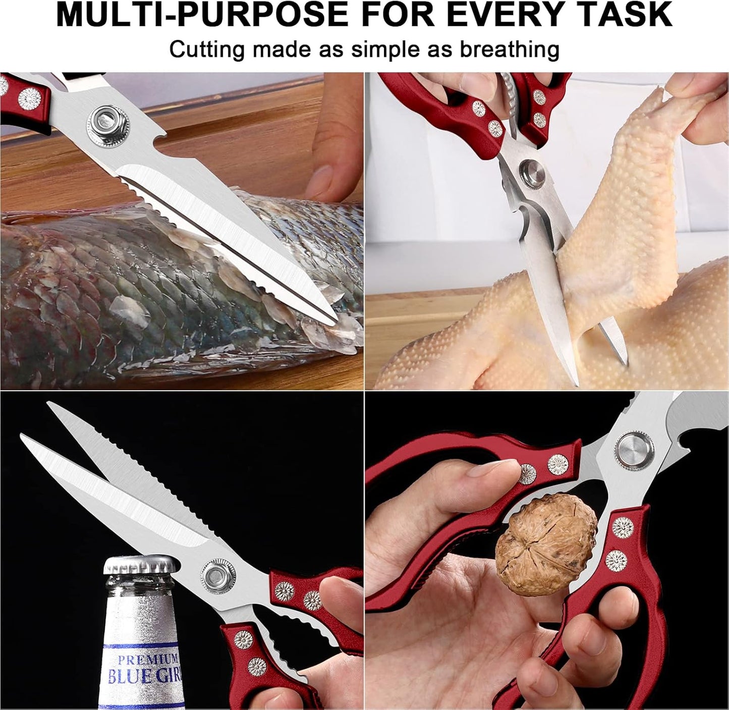 CGBE Kitchen Scissors, Multi-Purpose Kitchen Shears, Heavy Duty Dishwasher Safe Food Scissors for Chicken, Poultry, Fish, Meat & Herbs with Non-Slip Grips - Sliver