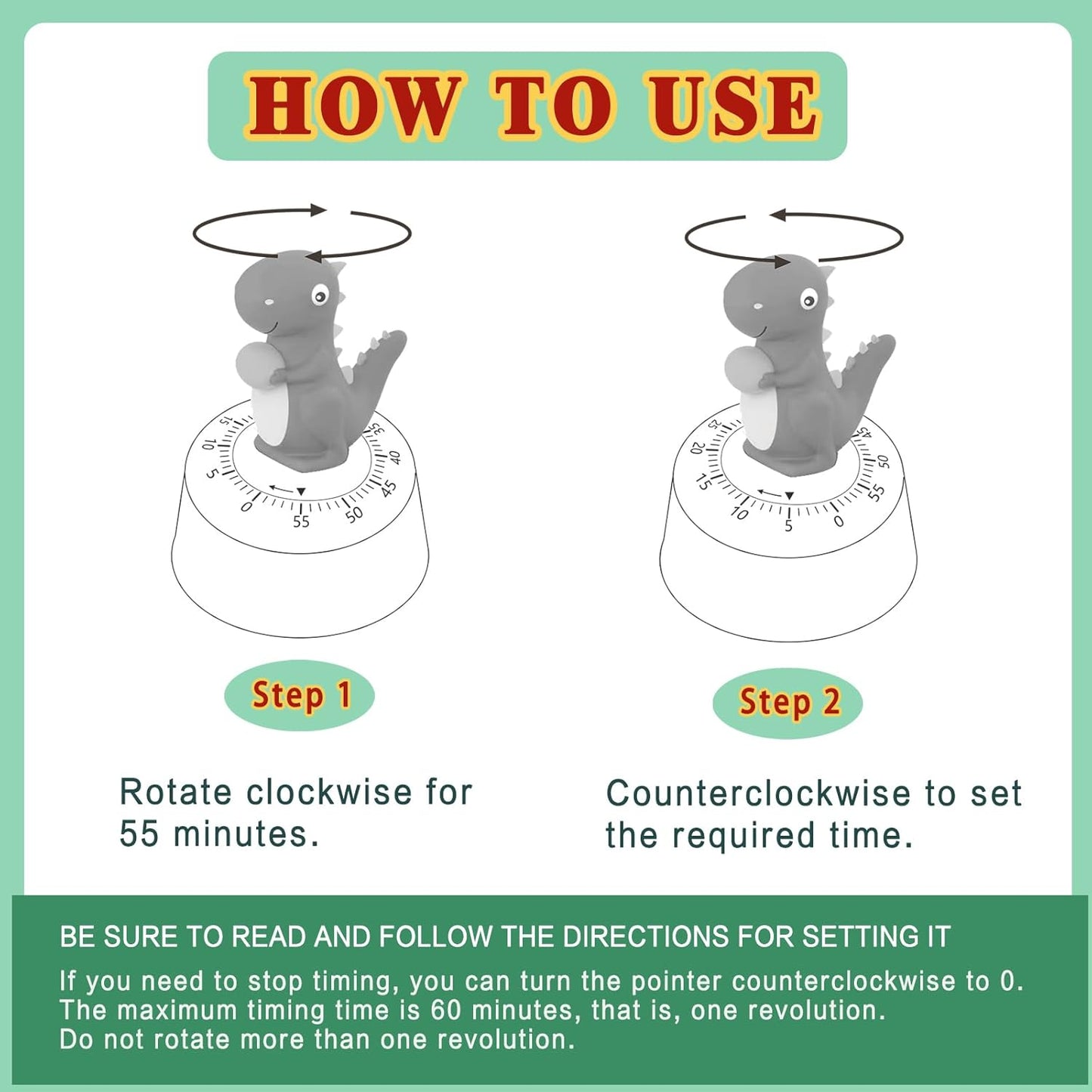 ELE DEPI 60 Minutes Mechanical Kitchen Timer,Cute Dinosaur Timer for Kids,Wind Up Egg Timer for Cooking,Reading,Classroom and Do Sports. (Dark Green)