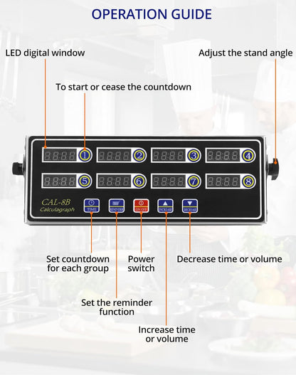 QWORK Digital Kitchen Timer - 8-Channel Multi-Timer with Waterproof Panel, Adjustable Volume