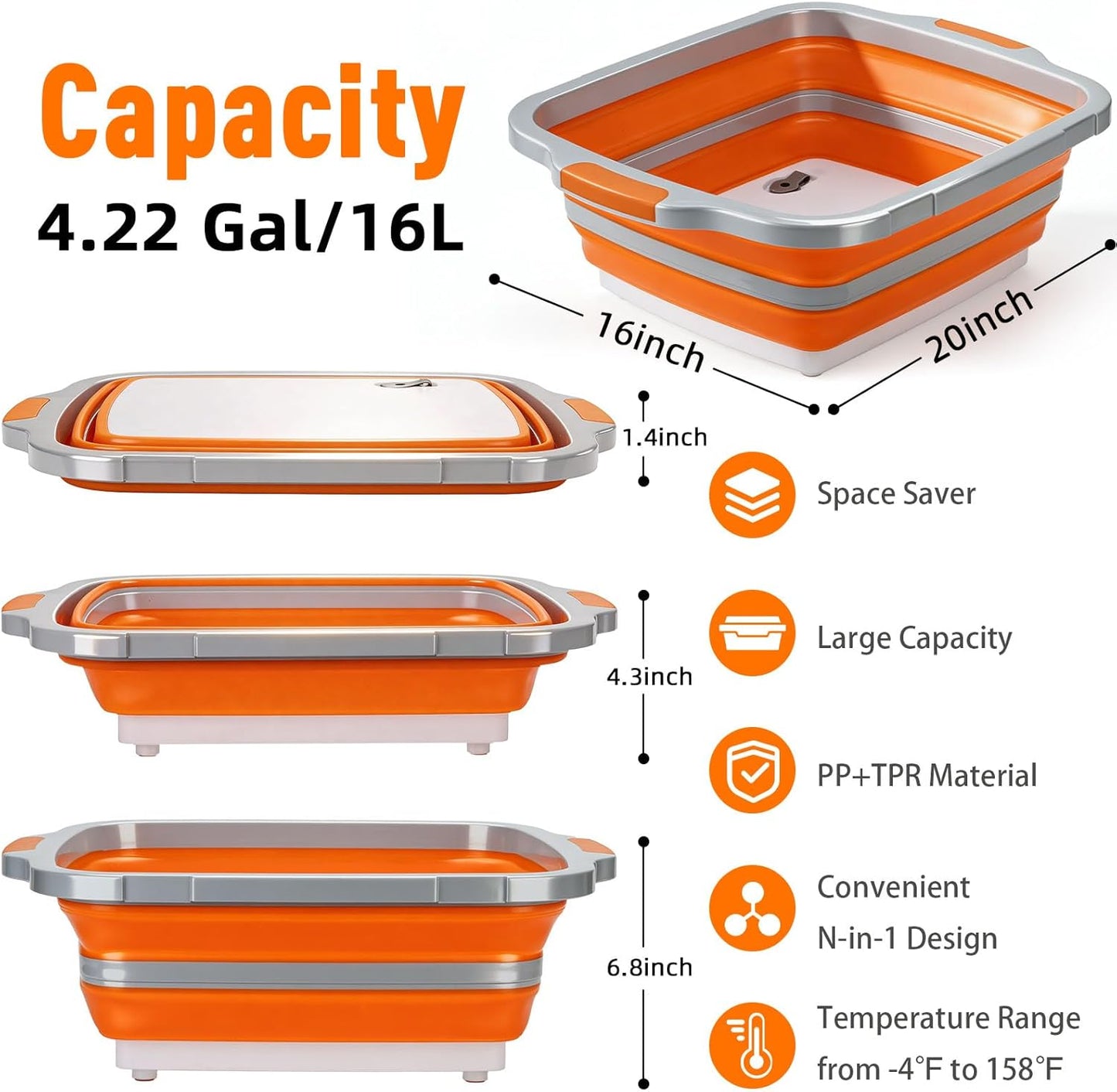 8L Collapsible BBQ Prep Tub with Locking Lid Cutting Board for Marinating Food Storage - Portable Wash Basin Colander for Kitchen Camping Sink - Foldable Bucket for Household Baking Picnic Tailgate