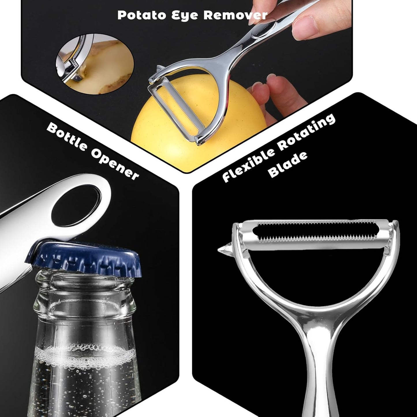 Premium Stainless Steel Vegetable Peeler with Swivel Blade & Bottle Opener - Ultra Sharp Potato Apple Peeler, Ergonomic Handle, Dishwasher Safe, Silver