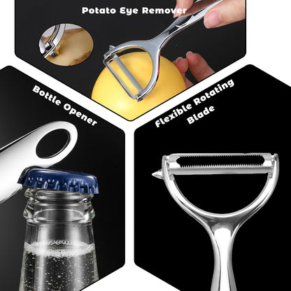 Premium Stainless Steel Vegetable Peeler with Swivel Blade & Bottle Opener - Ultra Sharp Potato Apple Peeler, Ergonomic Handle, Dishwasher Safe, Silver