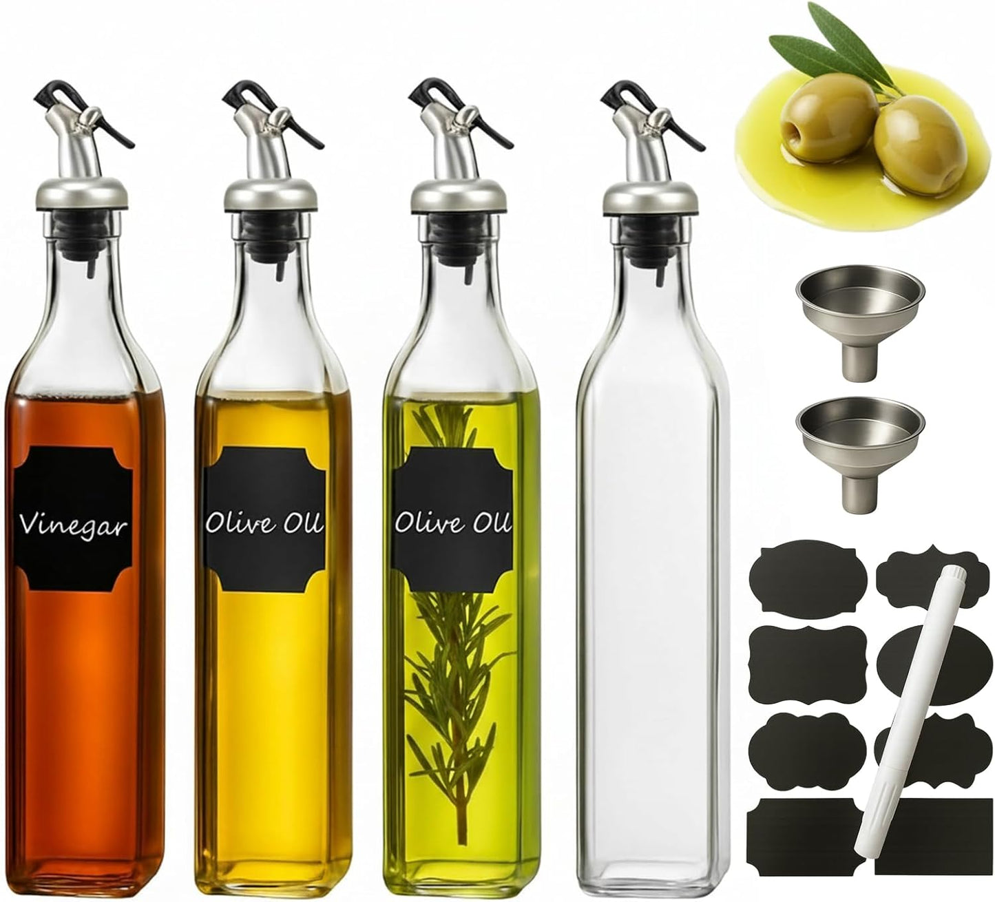 WERTIOO Olive Oil Dispenser Bottle,4Pack 17 OZ Glass Oil Dispenser for Kitchen with 4 Pourer,2 Stainless Steel Funnel & 1 Pen and 8 Label for Kitchen (500ml)