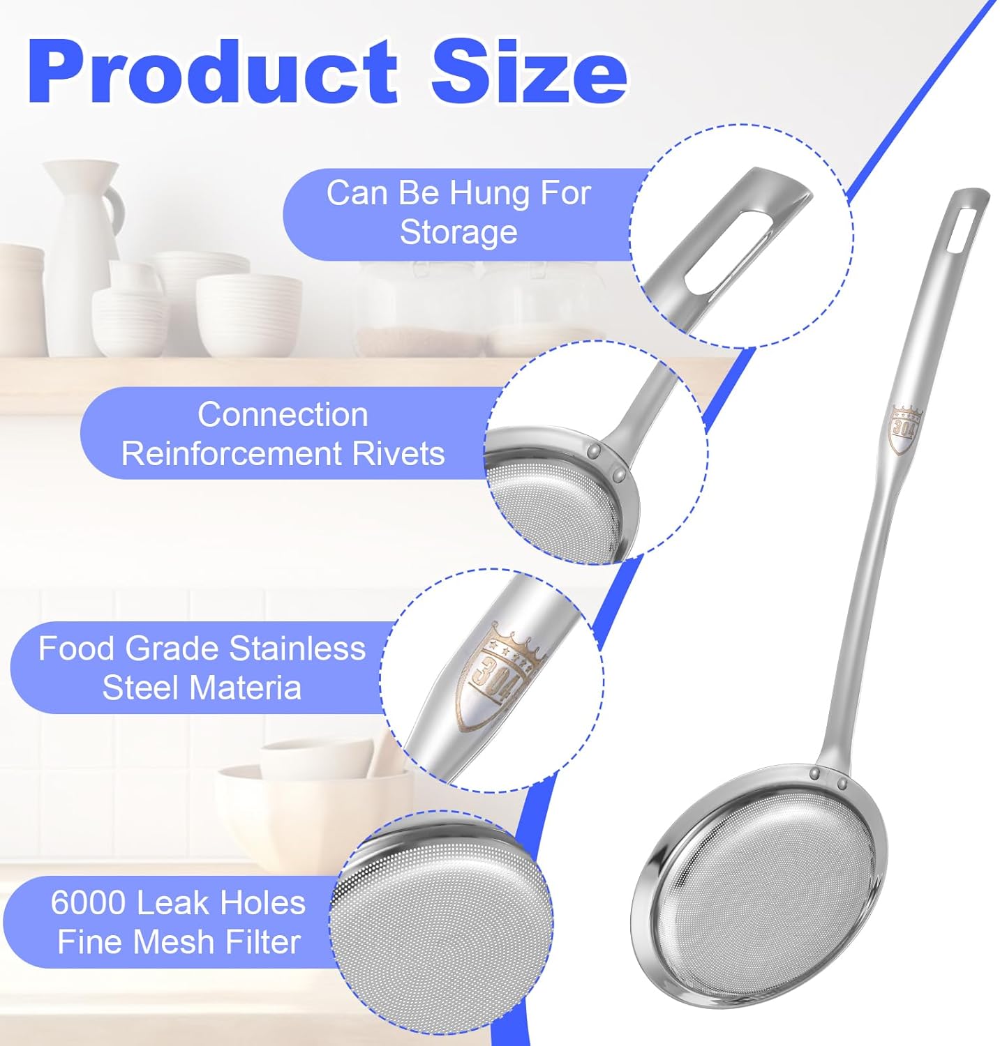 Stainless Steel Fine Mesh Strainer Set of 4, 2 Sizes Fine Mesh Kitchen Sieve for Cooking, Long Handle Food Strainer Skimmer Spoon Grease Separator
