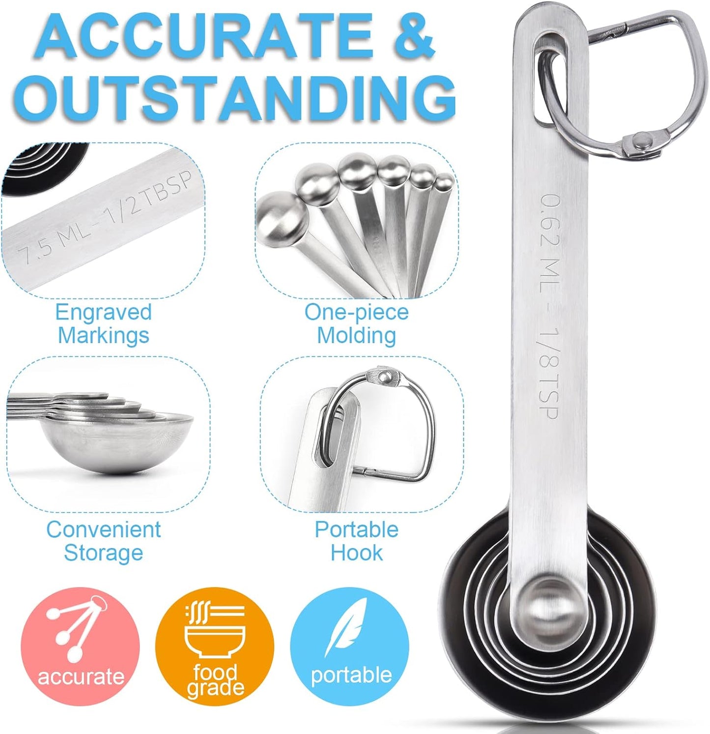 5pcs Measuring Spoon Set, Heavy Duty Stainless Steel Measuring Spoons for Cooking Baking, Tablespoon Teaspoon for Dry or Liquid Ingredients, Fits in Spice Jar, 1/4 1/2 1 tsp, 1/2 1 tbsp