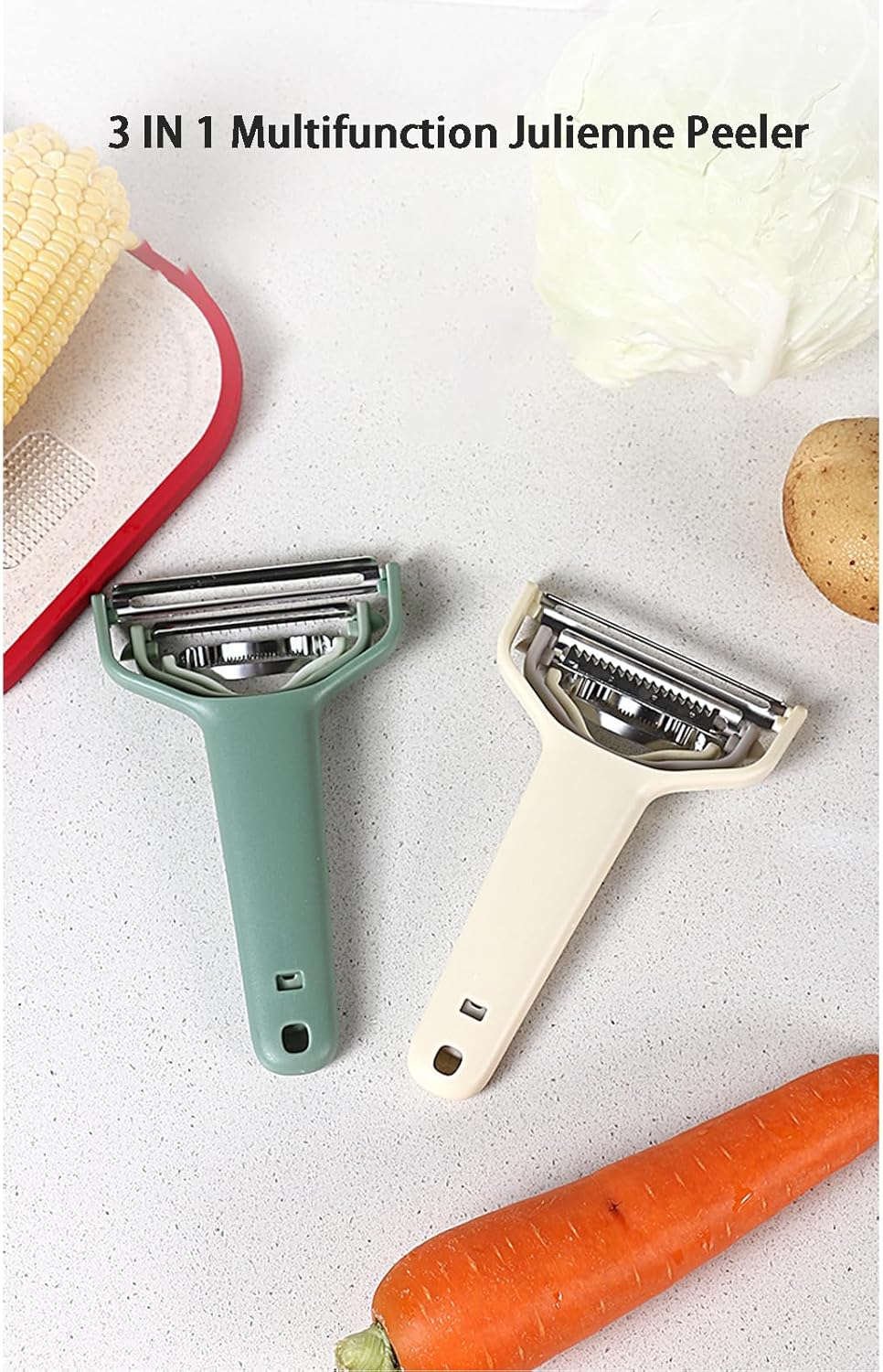3 in 1 Multifunction Julienne Peeler, Stainless Steel Vegetable Slicer Tools, Corn Peeler & Grater Set, Household Portable Vegetable Julienne Peeler for Potato, Carrot, Cucumber, Cabbage, Beige