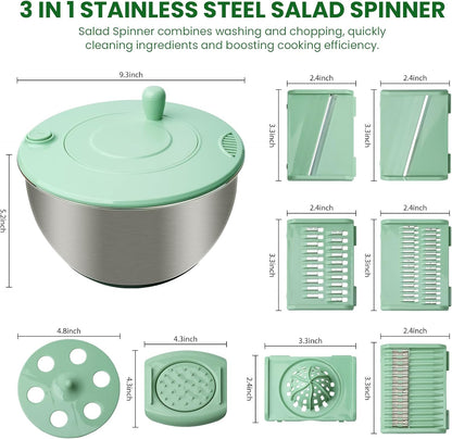 4.25 Qt Stainless Steel Salad Spinner Large, Salad Wash Bowl, Fruit & Vegetable Dryer, with 5-Blade Slicer, Egg Yolk Strainer and Shredder for Efficient Salad Preparation and Food Washing