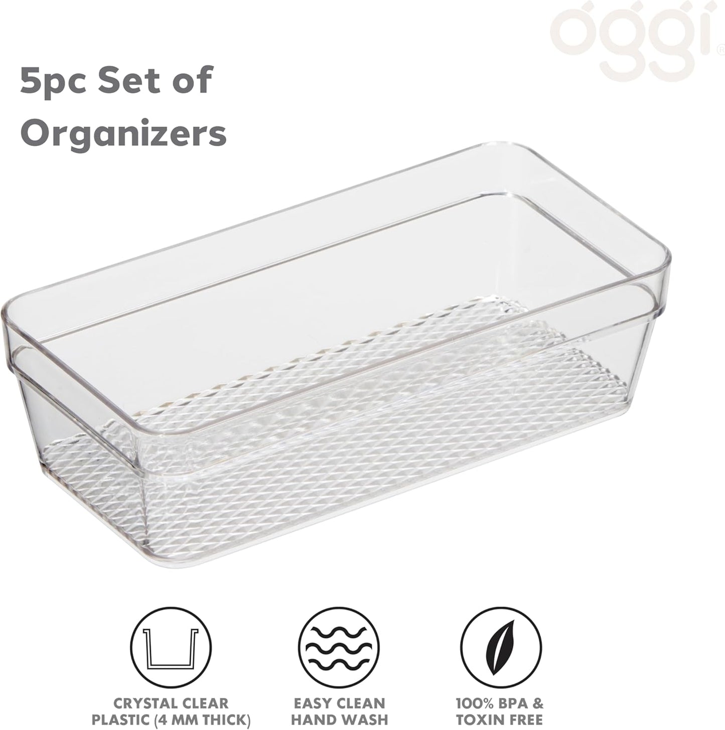Oggi Clear Drawer Organizer - 3" X 12.5" - Ideal for Organizing Kitchen Drawers, Office, Desk, Silverware, Kitchen Utensils, Cosmetics and Bathrooms