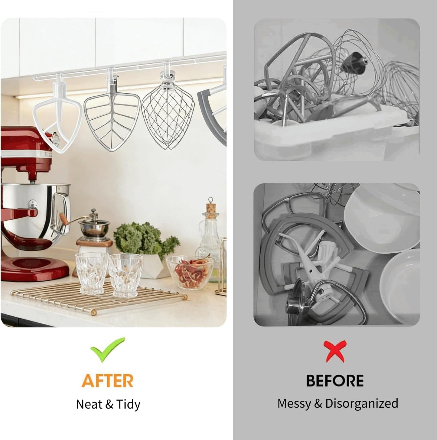Stand Mixer Attachment Holder for KitchenAid Accessories and Attachments - 4 Pack Hanging Organizer for Storage Your Kitchen Aid Dough Hook Paddle Whisk Attachment Hanger (Plastic White)