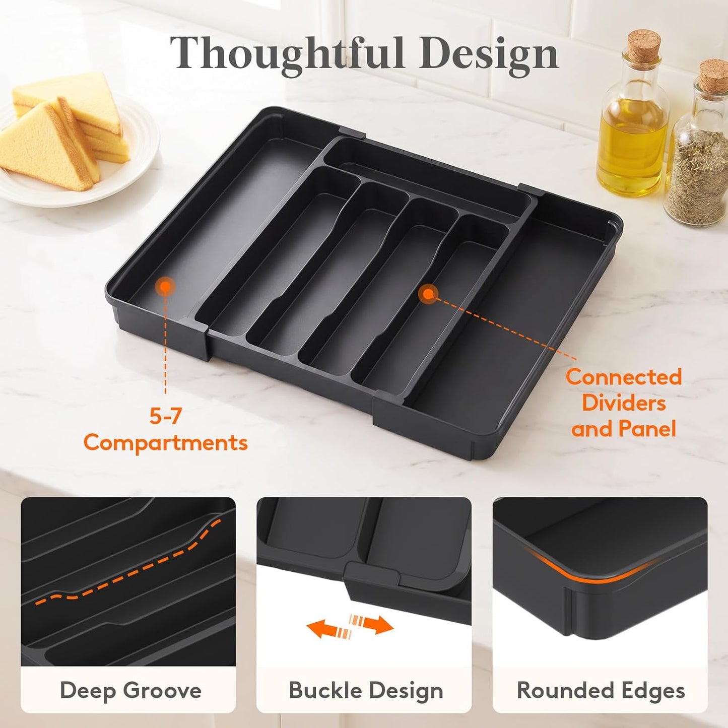 Lifewit Silverware Drawer Organizer, Expandable Utensil Tray for Kitchen, BPA Free Flatware and Cutlery Holder, Adjustable Plastic Storage for Spoons Forks Knives, 11-18 x 14", Black
