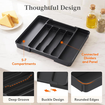 Lifewit Silverware Drawer Organizer, Expandable Utensil Tray for Kitchen, BPA Free Flatware and Cutlery Holder, Adjustable Plastic Storage for Spoons Forks Knives, 11-18 x 14", Black