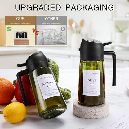 Oil Sprayer for Cooking 2pcs,2 in 1 Oil Dispenser and Oils Sprayer Kitchen Gadgets-16oz Glass Oils Spray Bottle,Mist Olive OilDispenser,Air Fryer,Salad,Grill (White Kitchen Accessories)