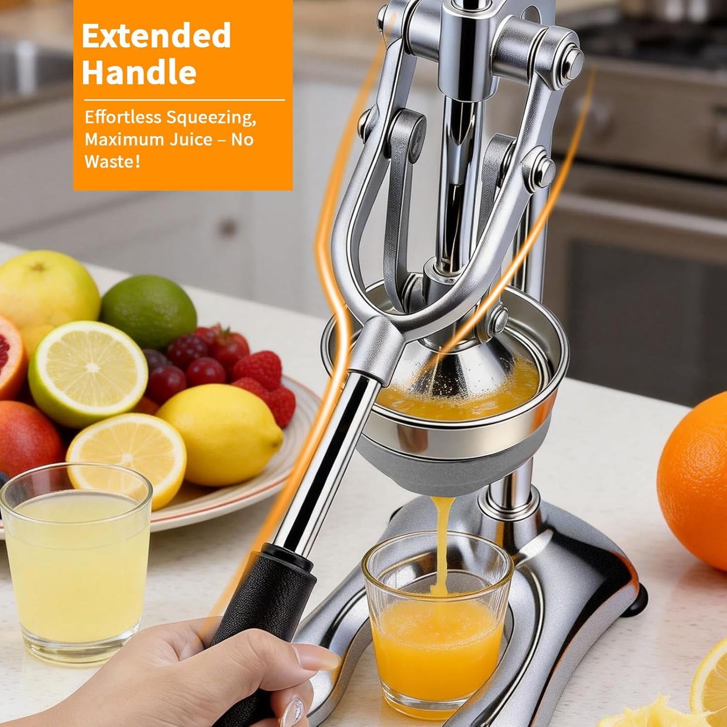 Cast Iron Manual Juicer, Full 304 Stainless Steel, Gravity Press Lever, Effortless Hand Press Juicer for Citrus Lemon Lime Grapefruit, Easy to Clean with Wide Stable Base (Silver)
