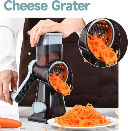 Rotary Cheese Grater with Handle Kitchen Shredder Slicer Grater Slicer Ice Shaver Cheese Vegetable Nuts Potato Zucchini Chocolate 3 Interchangeable Blades (Dark Grey TSP)