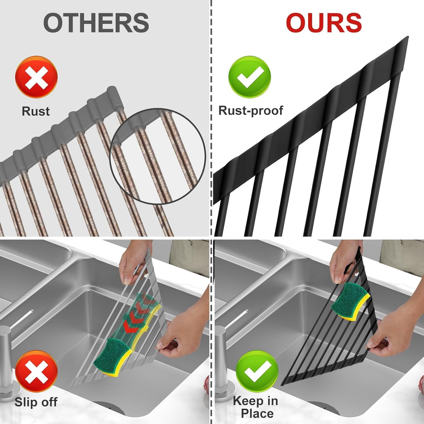 MERRYBOX Roll Up Over The Sink Dish Drying Rack Silicone Wrapped Foldable, Heat-Resistant, Anti-Slip Sink Rack Multipurpose Dish Drainer for Kitchen Sink Counter - White, 17.5" x 11"