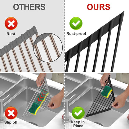 MERRYBOX Roll Up Over The Sink Dish Drying Rack Silicone Wrapped Foldable, Heat-Resistant, Anti-Slip Sink Rack Multipurpose Dish Drainer for Kitchen Sink Counter - White, 17.5" x 11"