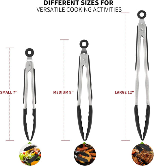 600ºF Heat Resistant Kitchen Tongs: U-Taste 7/9/12 inch Silicone Cooking Tong Set with Non Stick Rubber Tips and Silicon Coated 18/8 Stainless Steel Handle for Serving Grilling Salad(Midnight Blue)