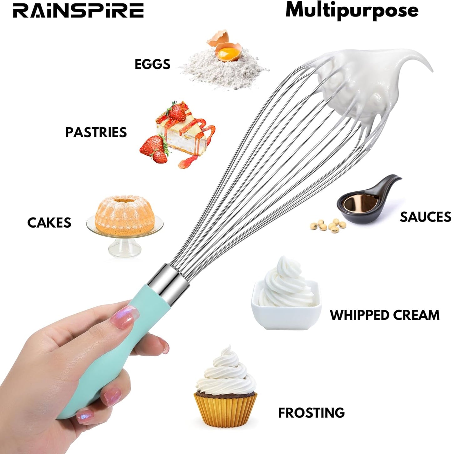 Rainspire 12-Inch Wire Whisk Stainless Steel, Balloon Whisks for Cooking, Wisk Wisking Tool With Soft Silicone Handle, Thick Durable Whisker for Blending, Beating, Whisking, Stirring, Pink