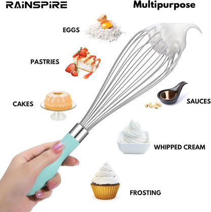 Rainspire 12-Inch Wire Whisk Stainless Steel, Balloon Whisks for Cooking, Wisk Wisking Tool With Soft Silicone Handle, Thick Durable Whisker for Blending, Beating, Whisking, Stirring, Pink