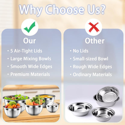 Mixing Bowls with Airtight Lids Set, 5 PCS Stainless Steel Khaki Nesting Bowls for Kitchen, Large Prep Metal Mixing Bowls for Kitchen, 5.5/4/3.5/2/1.5 QT for Mixing & Serving