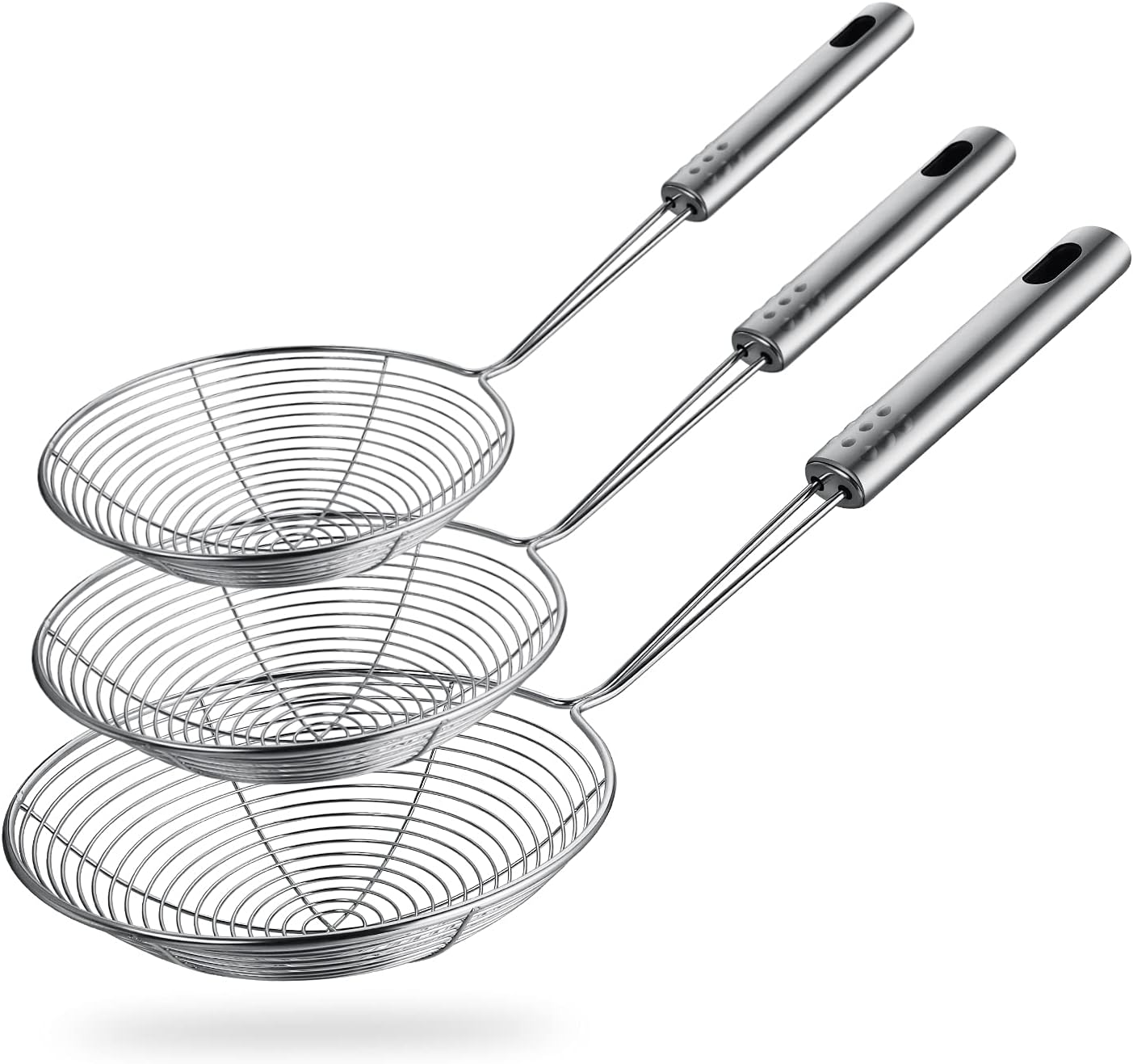 Spider Strainer Skimmer Spoon, HSpiow Set of 3 Sizes Frying Spoon Stainless Steel Fryer Scoop Wire Strainer Ladle with Long Handle for Kitchen Frying Cooking Food Pasta