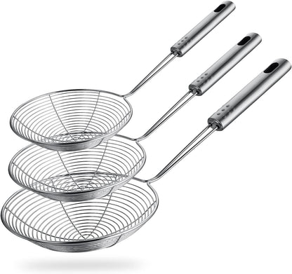 Spider Strainer Skimmer Spoon, HSpiow Set of 3 Sizes Frying Spoon Stainless Steel Fryer Scoop Wire Strainer Ladle with Long Handle for Kitchen Frying Cooking Food Pasta