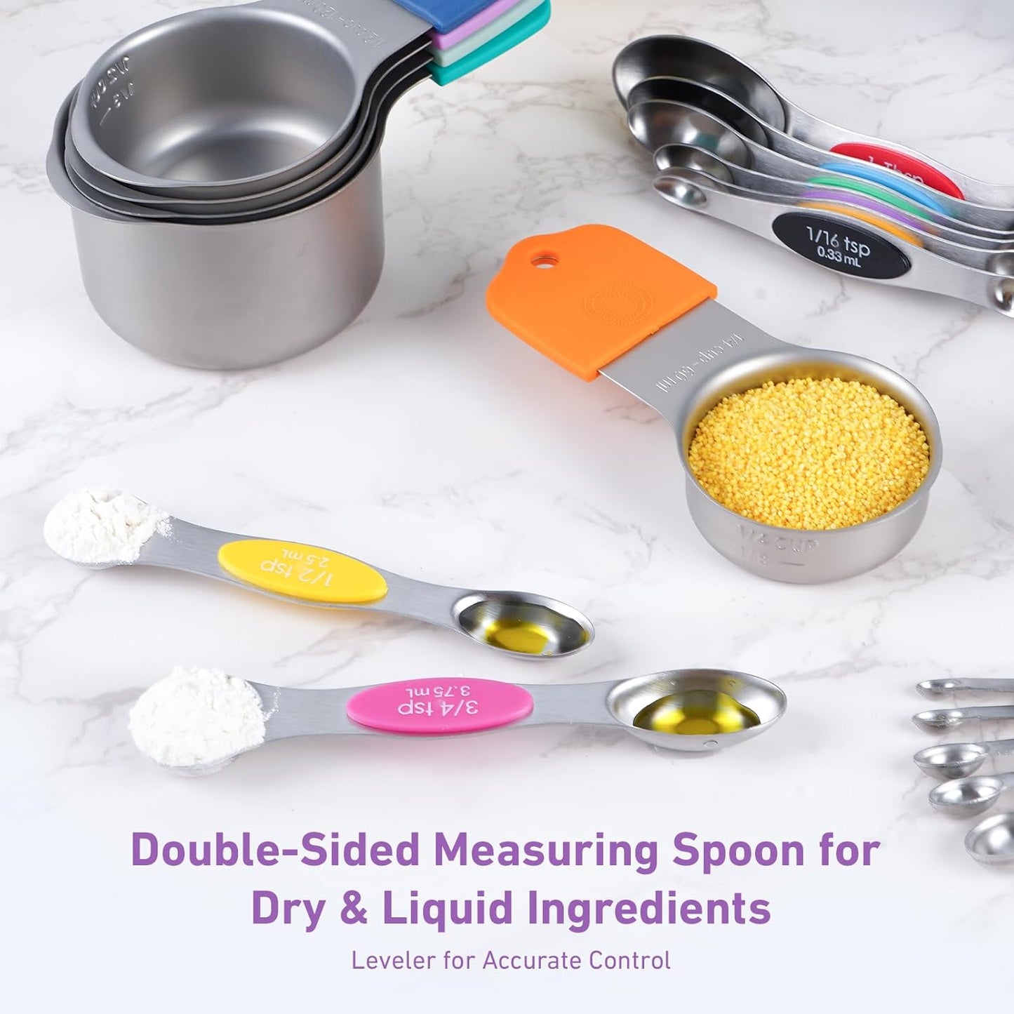 22-Piece Measuring Cups and Spoons Set, 304 Stainless Steel for MINI Measuring Spoons, with Leveler, Measurement Conversion Chart Fridge Magnet, for Measure Dry & Liquid Ingredients